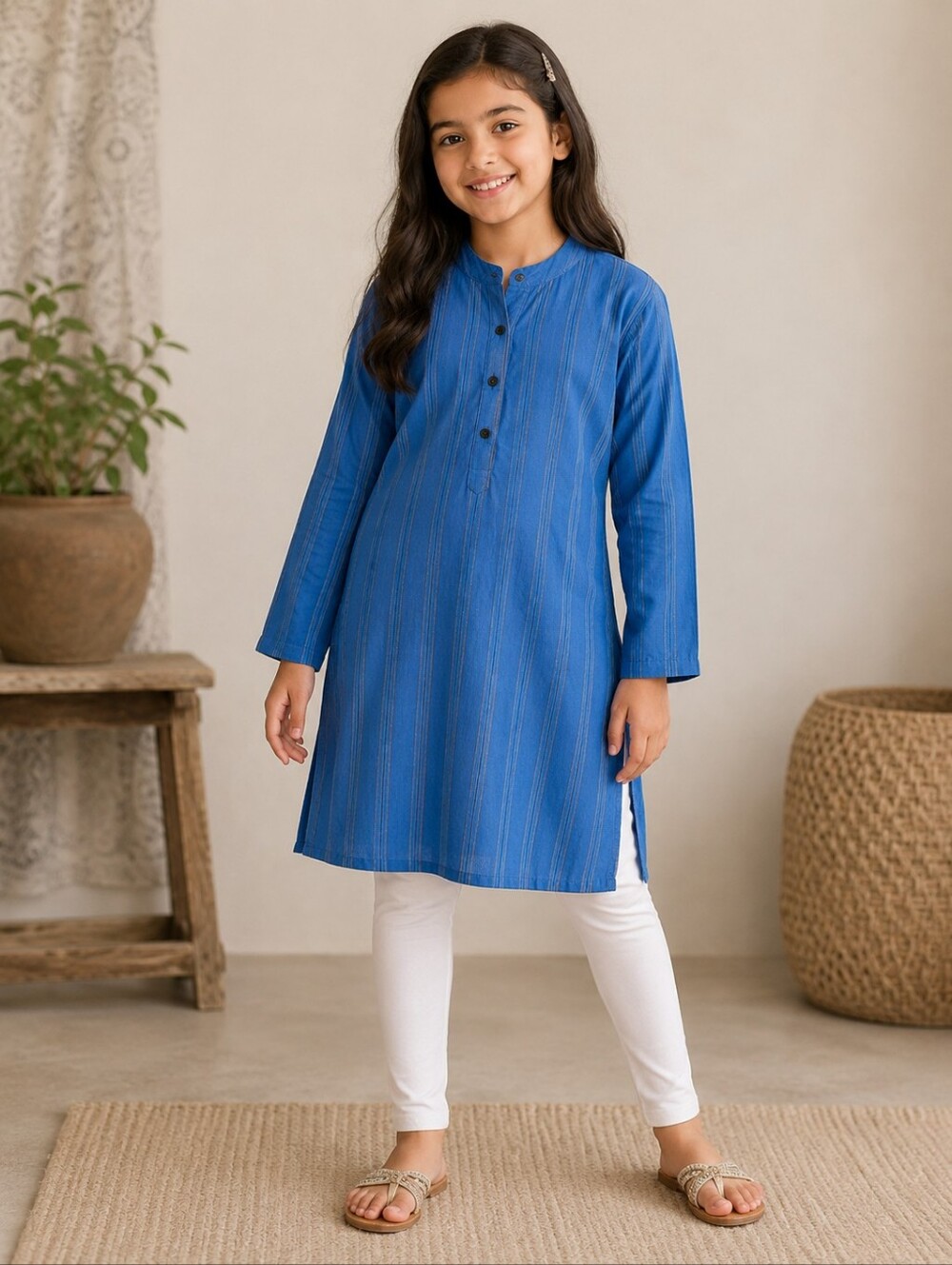 Fabindia Long Sleeve Blue Striped 100% Cotton Kurta Child's 8-10 Years India EUC